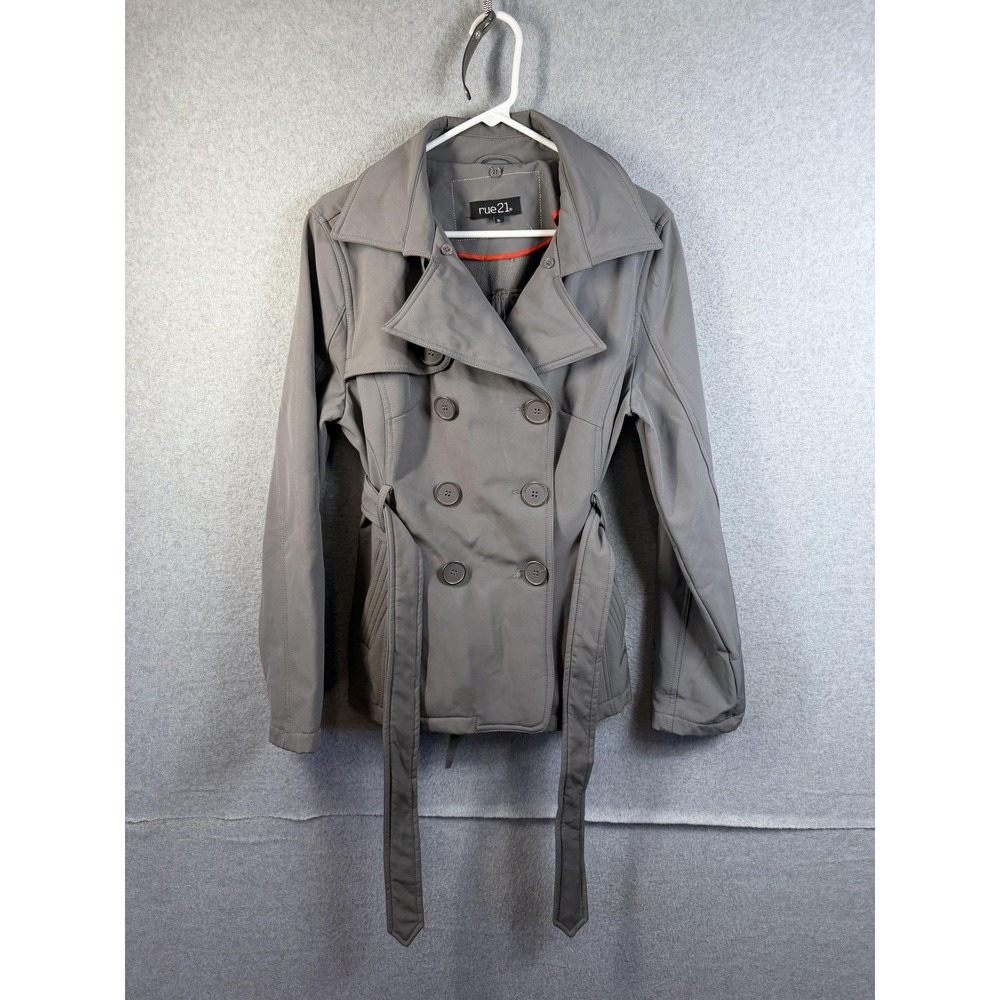 Rue21 Jacket Juniors XL Gray Belted Trench Double Breasted Fleece Lined